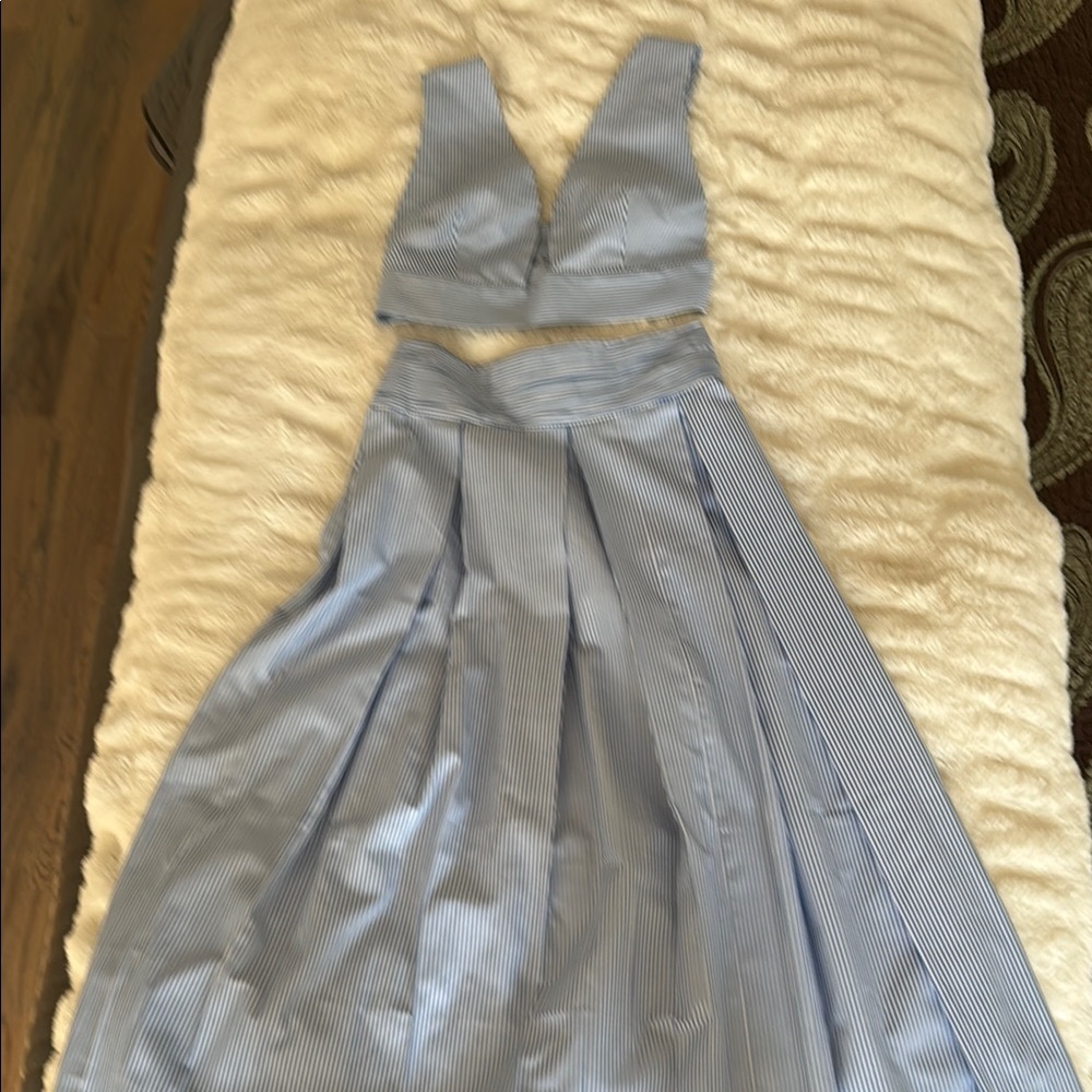 Blue Striped Two-Piece Set Crop Top with Pleated Maxi Skirt